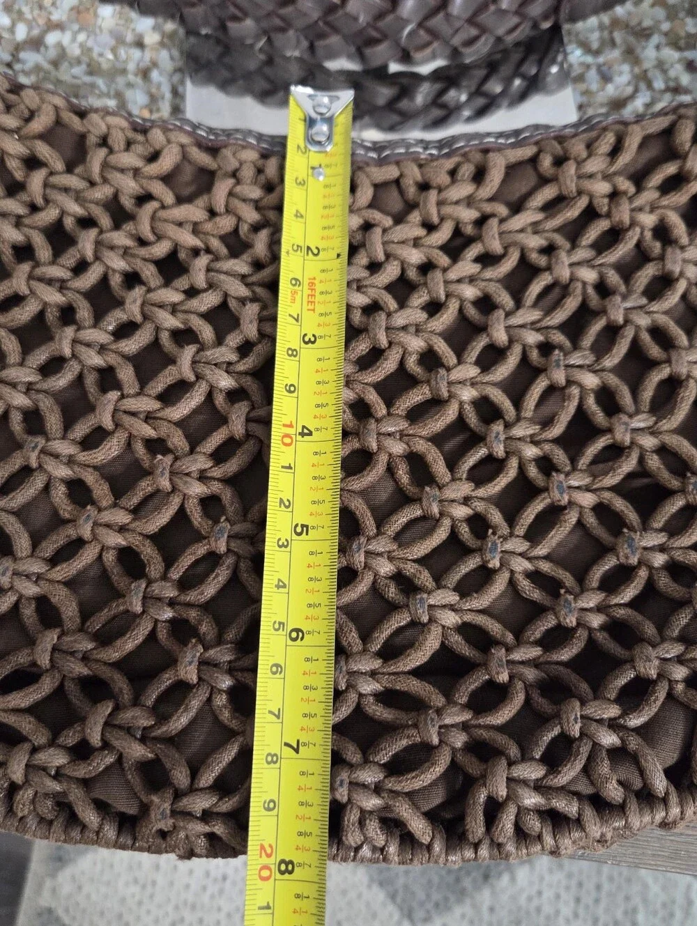 VTG Liz Claiborne Macrame Crescent Bag Brown Knotted Rope Boho Crochet Shoulder